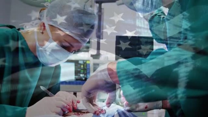 美利坚合众国国旗在手术室中挥舞着外科医生的动画