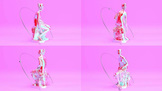 彩虹粉色古代性感优雅年轻的女神雕塑或浪漫的希腊女神肖像在超现实的极简风格，3d渲染无缝循环动画，巴洛