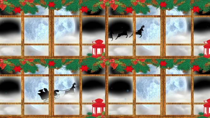 圣诞老人和驯鹿飞越月球，窗口视图