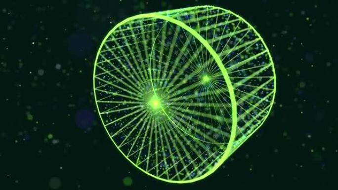 抽象辉光绿色粒子形成三维物体。气缸。Vj环路作为虚拟数字空间的bg。粒子作为大数据、网络或虚拟现实空
