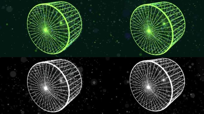 抽象辉光绿色粒子形成三维物体。气缸。Vj环路作为虚拟数字空间的bg。粒子作为大数据、网络或虚拟现实空