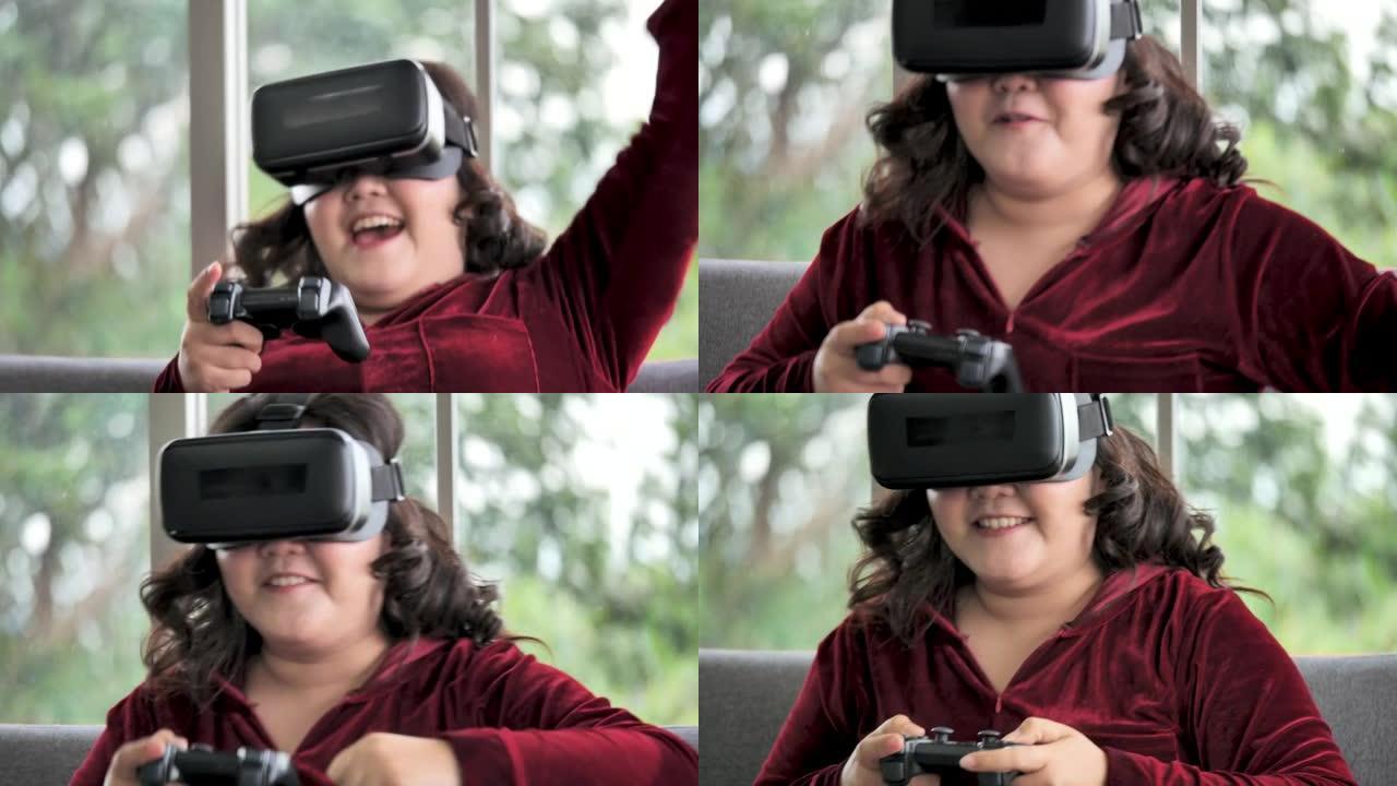 大型建筑亚洲女性使用VR眼镜在客厅玩耍。