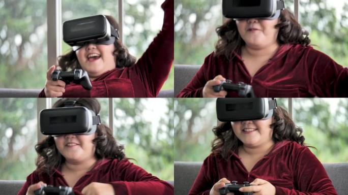 大型建筑亚洲女性使用VR眼镜在客厅玩耍。