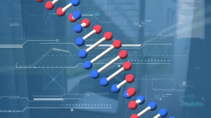 dna链在蓝色背景上旋转的不同数据上的动画