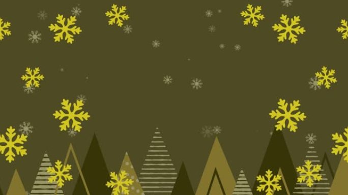 黄色圣诞雪花落在绿色背景上的动画