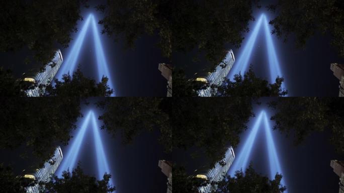 在纽约市的树木中看到的9月11日纪念灯