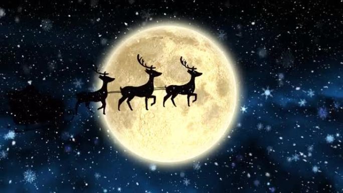 雪橇上的圣诞老人被驯鹿拉向夜空中的星星和月亮