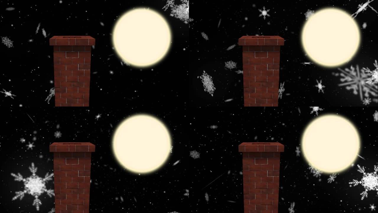 烟囱、雪落和月亮的冬季圣诞风景动画