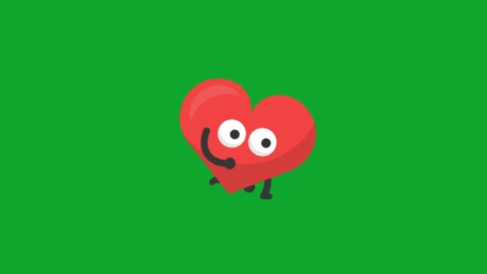 可爱的心脏运行动画。绿色背景。