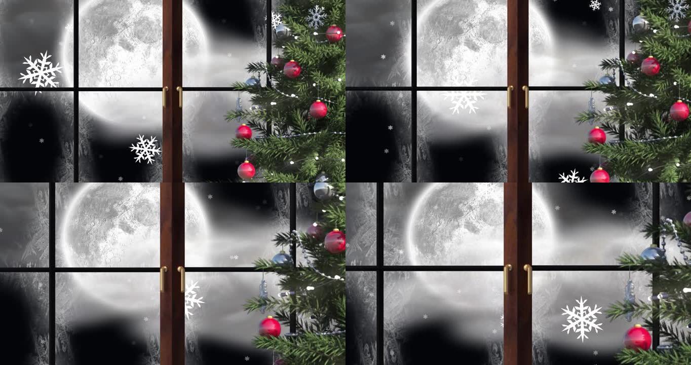 飘落在月亮和圣诞树上的动画