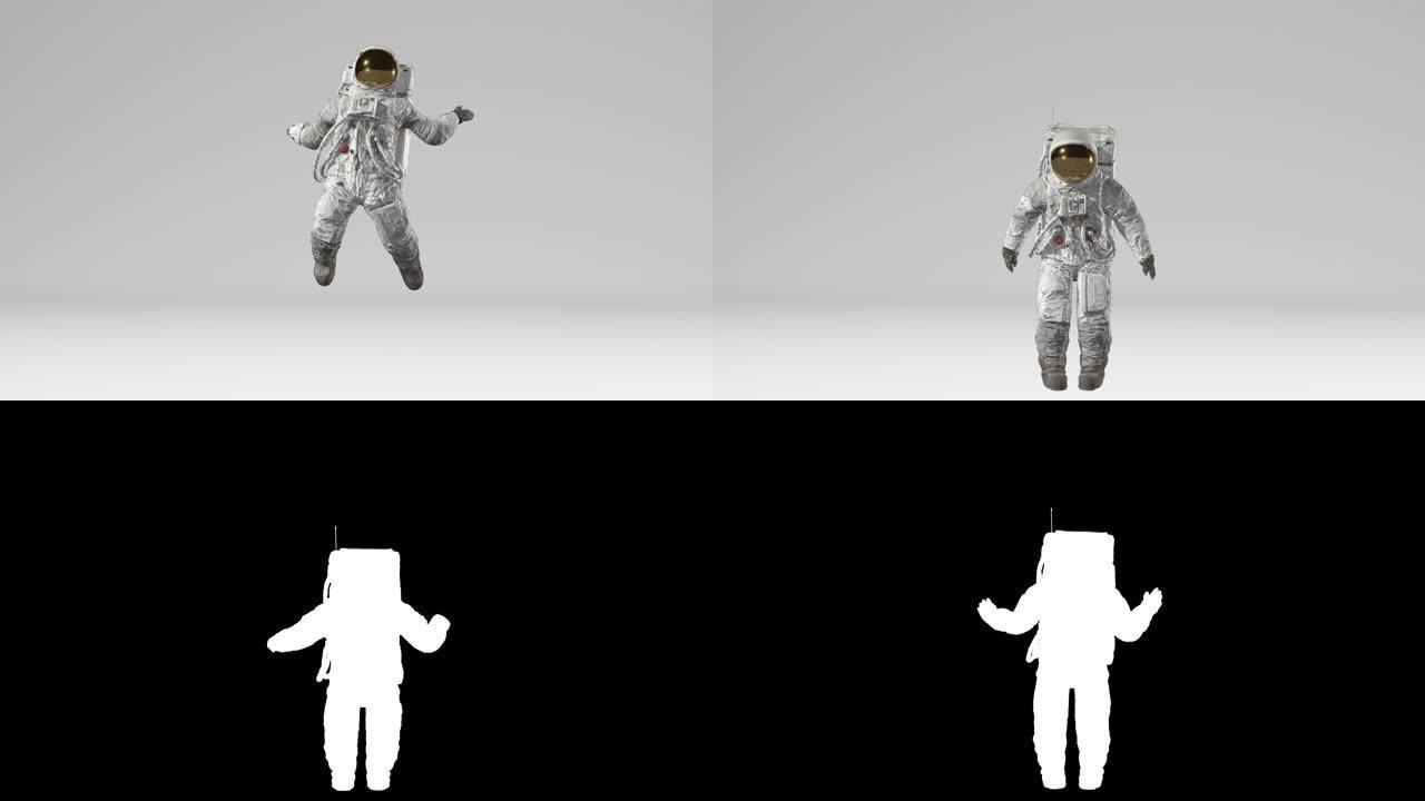 宇航员在阿尔法频道的白色背景上跳跃。