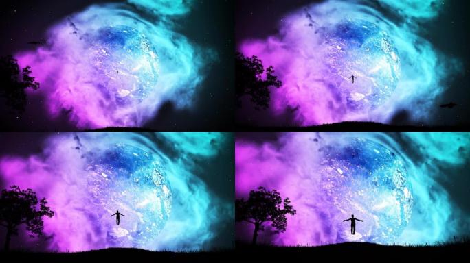 4k延时动画的星空全景，流星落下，美丽的星云中的行星以及一个人从它飞向地球的剪影。