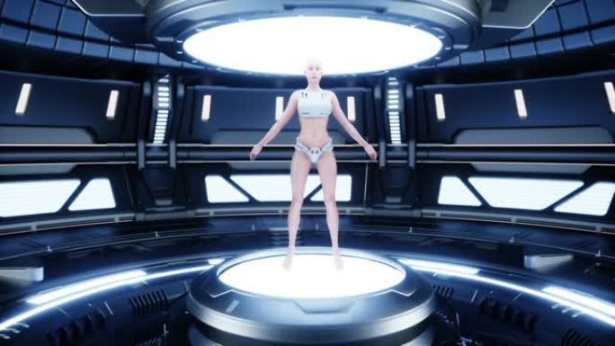 科幻未来派metall房间里的女性机器人。未来概念。逼真的4k动画。