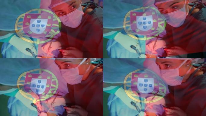 在手术室中，葡萄牙国旗在外科医生上的动画