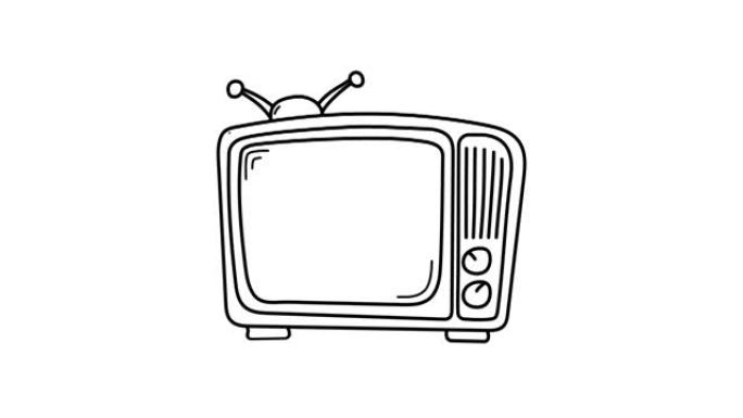 漫画复古电视的动画，空屏幕为你的文本。旧灯电视手绘。徒手线条深色墨水素描电视。看电影的卡通模板电视。