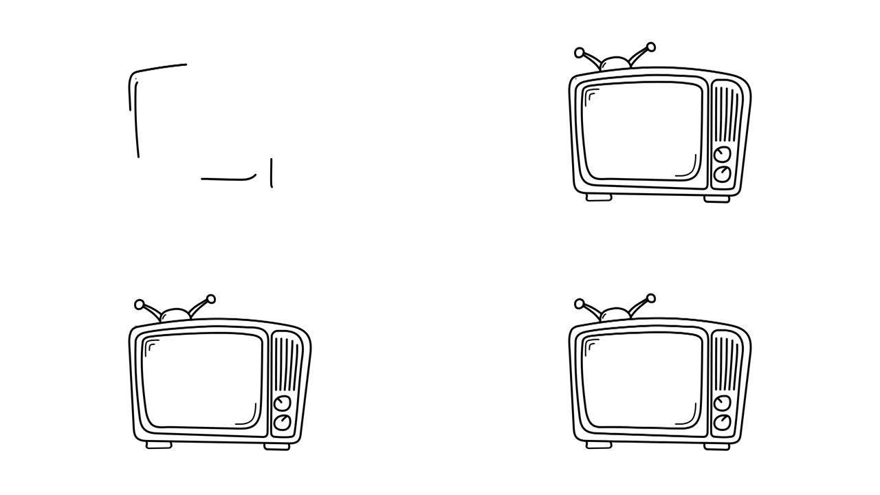 漫画复古电视的动画，空屏幕为你的文本。旧灯电视手绘。徒手线条深色墨水素描电视。看电影的卡通模板电视。