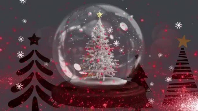 在灰色背景上的圣诞树图标的雪球中，围绕圣诞树的流星