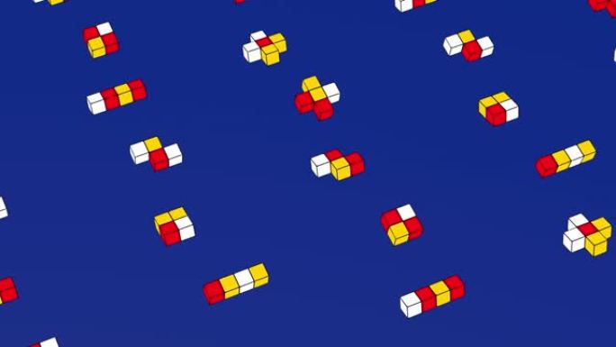 一组几何形状，五颜六色的立方体飞舞。草图绘制效果。抽象动画，3d渲染。