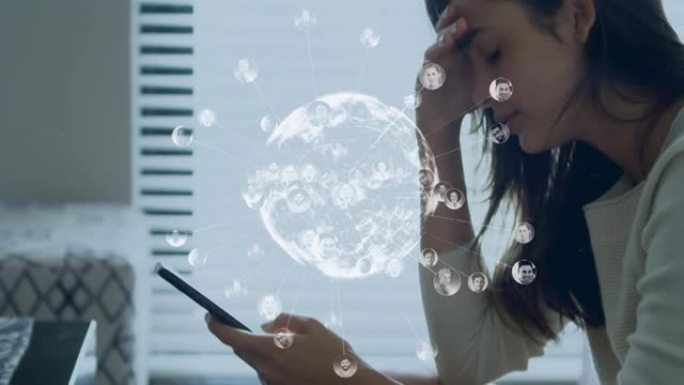 使用智能手机与女人的网络联系的地球仪动画