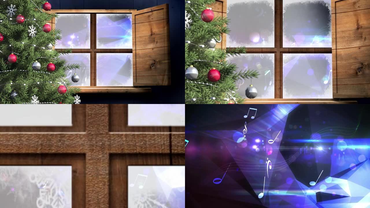 圣诞树和木制窗框，抵御蓝色背景上的数字波和光斑