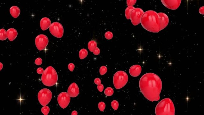 黑色背景上的红色气球飞越星星的动画