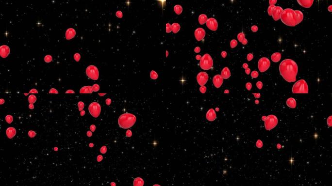 黑色背景上的红色气球飞越星星的动画