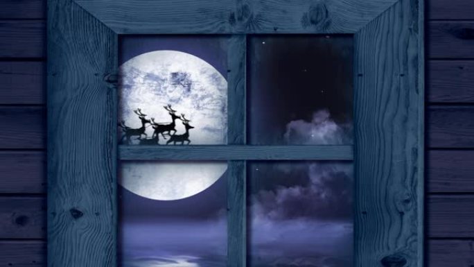 在冬季景观上，驯鹿拉着雪橇上的圣诞老人的木制窗框