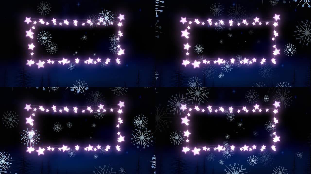黑色背景上的圣诞节雪花飘落在灯光上的动画