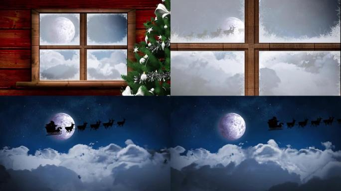 月亮和夜空上的圣诞老人雪橇动画