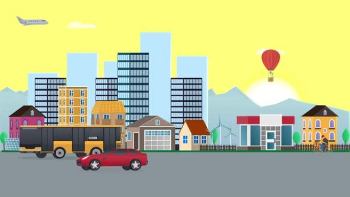 城市景观。带有交通和人口的城市生活动画。卡通