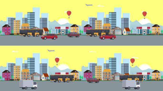 城市景观。带有交通和人口的城市生活动画。卡通