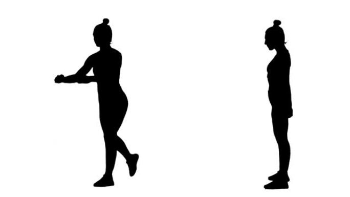 年轻女子做蹲坐和弓步的黑色剪影。臀部锻炼，女性健身。白色背景上的2合1拼贴正面和侧面视图全长。慢动作