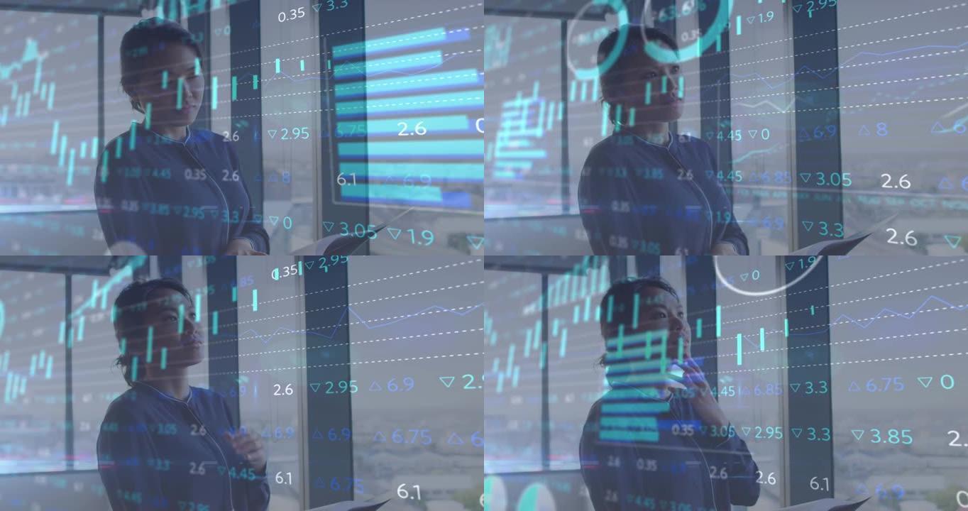 亚洲女商人思维中的金融数据处理动画