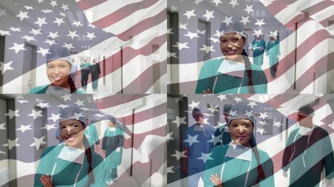 美国国旗在医院挥舞着外科医生的动画