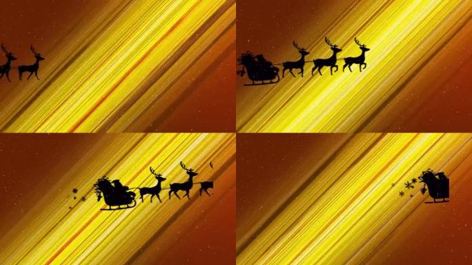 彩色背景上的驯鹿雪橇上的雪落在圣诞老人身上的动画