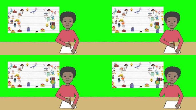 女学生在绿色背景上的学校项目图标上做笔记的动画