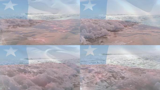 数字组成的智利旗帜挥舞在海的波浪鸟瞰图