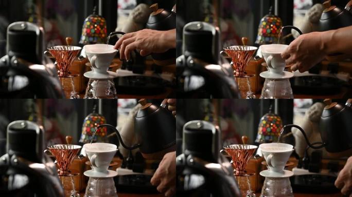 咖啡师正在滴咖啡水壶倒水缓慢动作复古风格