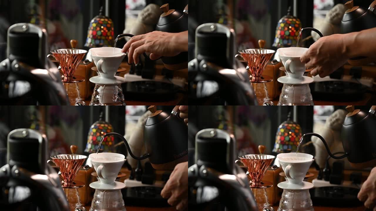 咖啡师正在滴咖啡水壶倒水缓慢动作复古风格