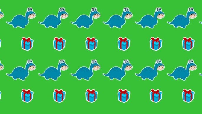 绿色背景上带有蓝色礼物的蓝色草食性恐龙的动画-动画