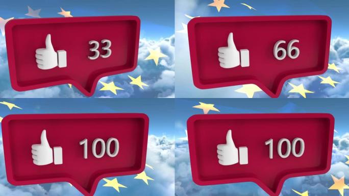 动画的演讲气泡与数字和像图标超过欧盟的旗帜