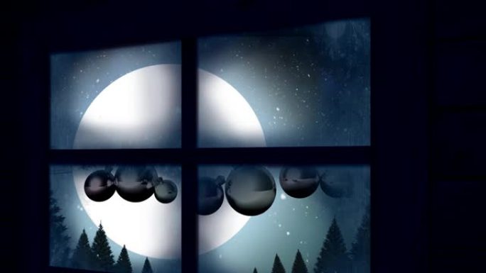 圣诞节小玩意上的窗框和雪落在夜空的冬季景观上