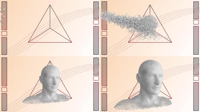 在明亮的背景上爆炸的粒子和几何图形形成的人头动画