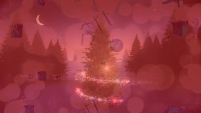 带有红色过滤器的冬季景观背景下的礼物坠落和圣诞树动画