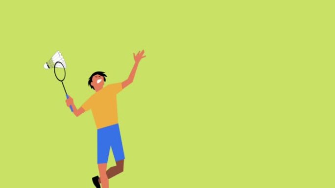尤伯杯羽毛球运动与男孩做跳跃扣球和绿色背景