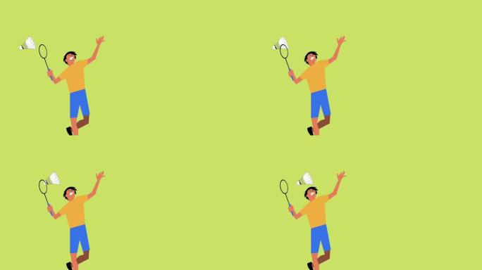 尤伯杯羽毛球运动与男孩做跳跃扣球和绿色背景
