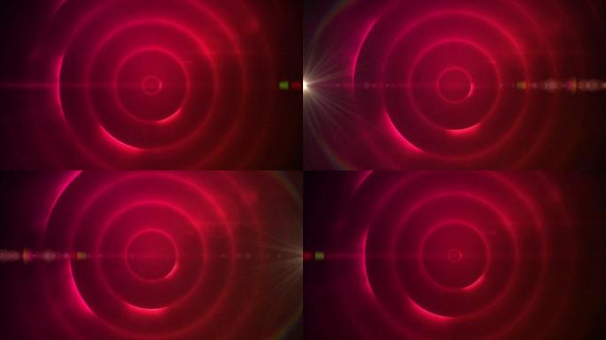 红色背景上的螺旋光迹光斑和镜头光斑的数字动画