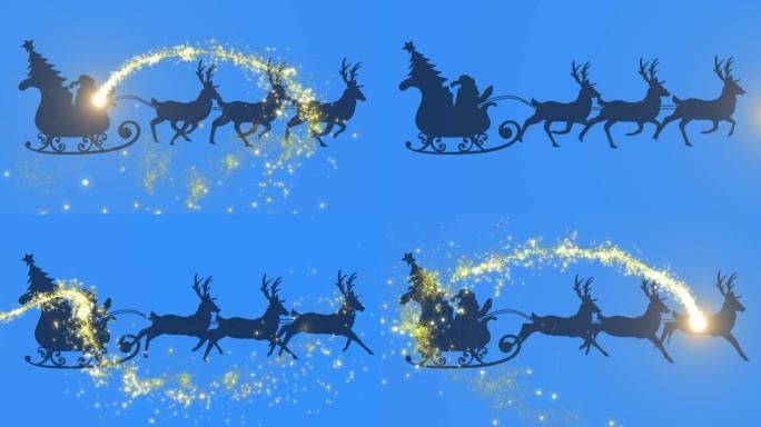 在蓝色背景上被驯鹿拉动的雪橇上的圣诞老人的轮廓上流星