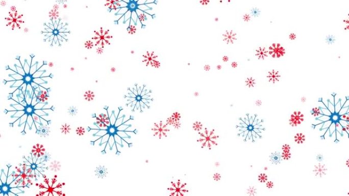 红色和蓝色的圣诞雪花落在白色背景上的动画