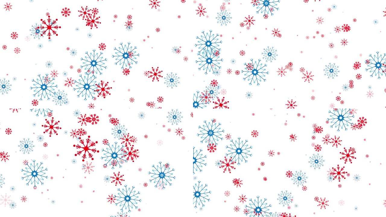 红色和蓝色的圣诞雪花落在白色背景上的动画